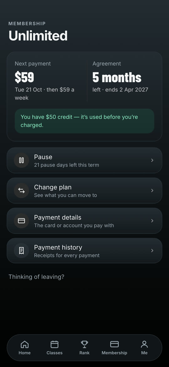 The Membership screen of the Roll Call app